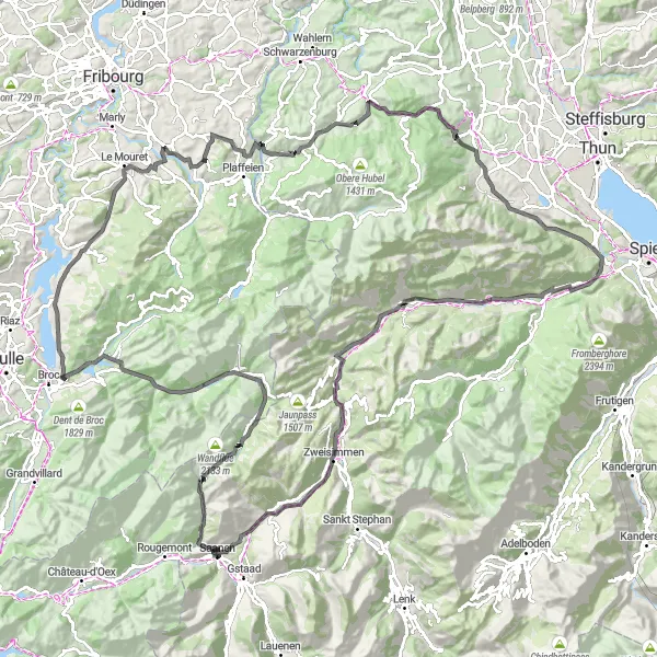 Miniatura della mappa di ispirazione al ciclismo "Tour Epico tra Saanen e Zweisimmen" nella regione di Espace Mittelland, Switzerland. Generata da Tarmacs.app, pianificatore di rotte ciclistiche