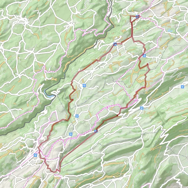 Miniatua del mapa de inspiración ciclista "Ruta en gravilla de 65 km con impresionantes puntos destacados en las cercanías de Saignelégier" en Espace Mittelland, Switzerland. Generado por Tarmacs.app planificador de rutas ciclistas
