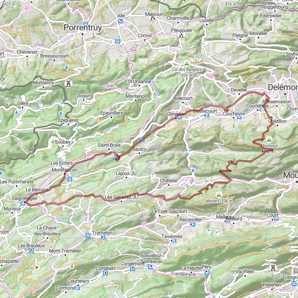 Miniatua del mapa de inspiración ciclista "Ruta de ciclismo en gravilla de 81 km cerca de Saignelégier" en Espace Mittelland, Switzerland. Generado por Tarmacs.app planificador de rutas ciclistas