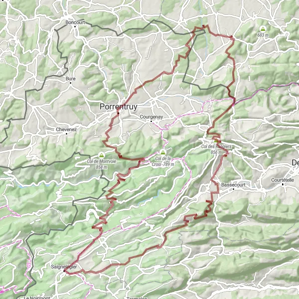 Mapa miniatúra "Gravel cyklistická trasa cez okolie Saignelégier" cyklistická inšpirácia v Espace Mittelland, Switzerland. Vygenerované cyklistickým plánovačom trás Tarmacs.app