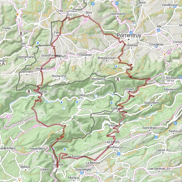 Mapa miniatúra "Gravel cyklistická trasa okolo Saignelégier" cyklistická inšpirácia v Espace Mittelland, Switzerland. Vygenerované cyklistickým plánovačom trás Tarmacs.app