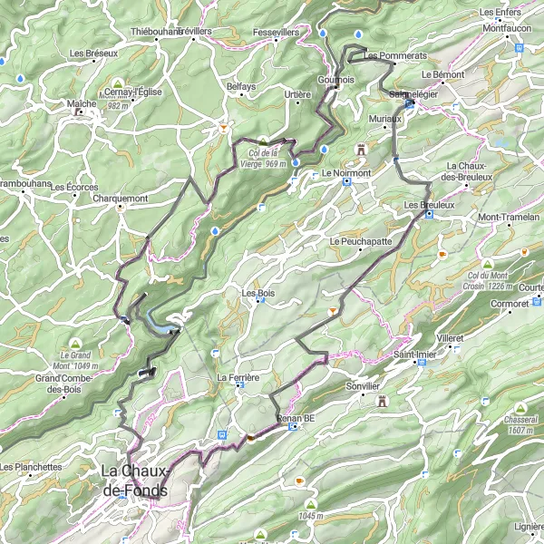 Miniature de la carte de l'inspiration cycliste "Route des Horlogers" dans la Espace Mittelland, Switzerland. Générée par le planificateur d'itinéraire cycliste Tarmacs.app