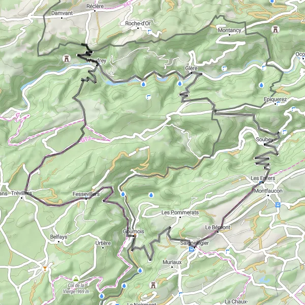Miniatua del mapa de inspiración ciclista "Ruta de ciclismo en carretera de 70 km cerca de Saignelégier" en Espace Mittelland, Switzerland. Generado por Tarmacs.app planificador de rutas ciclistas
