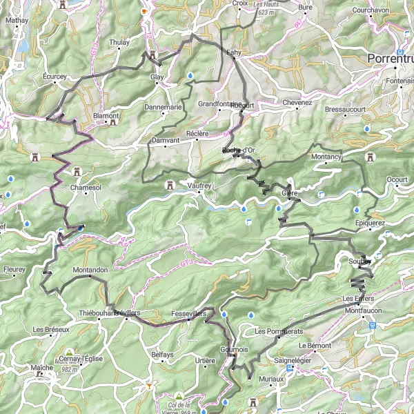 Miniatua del mapa de inspiración ciclista "Recorrido en carretera de 105 km con sorprendentes destinos cerca de Saignelégier" en Espace Mittelland, Switzerland. Generado por Tarmacs.app planificador de rutas ciclistas
