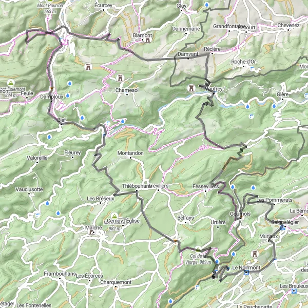 Zemljevid v pomanjšavi "Saignelégier do Goumois prek Col de la Vierge" kolesarske inspiracije v Espace Mittelland, Switzerland. Generirano z načrtovalcem kolesarskih poti Tarmacs.app