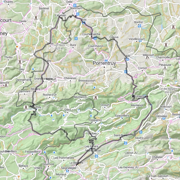Miniature de la carte de l'inspiration cycliste "Boucle du Jura" dans la Espace Mittelland, Switzerland. Générée par le planificateur d'itinéraire cycliste Tarmacs.app