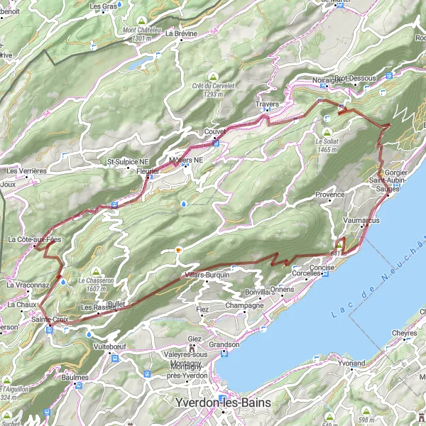 Miniaturekort af cykelinspirationen "Grusvejsoplevelser ved Concise og La Côte-aux-Fées" i Espace Mittelland, Switzerland. Genereret af Tarmacs.app cykelruteplanlægger