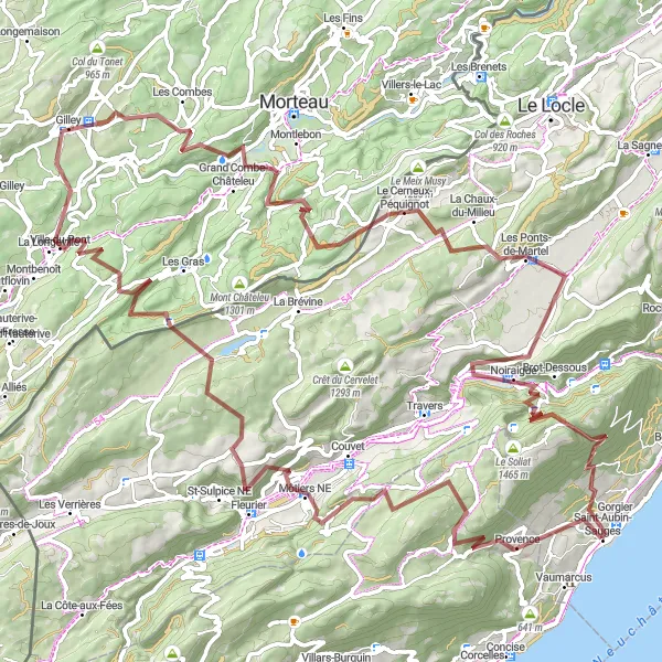 Map miniature of "The Scenic Gravel Loop from Saint-Aubin-Sauges" cycling inspiration in Espace Mittelland, Switzerland. Generated by Tarmacs.app cycling route planner
