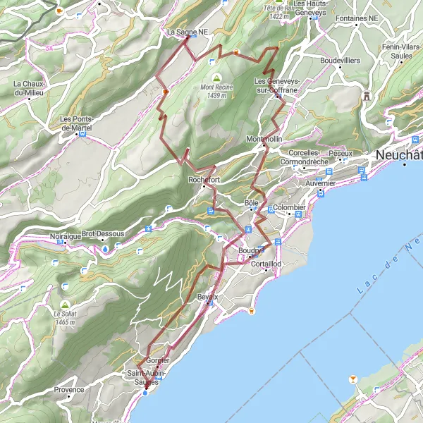 Mapa miniatúra "Exploring Mont Racine and Rochefort on Gravel" cyklistická inšpirácia v Espace Mittelland, Switzerland. Vygenerované cyklistickým plánovačom trás Tarmacs.app