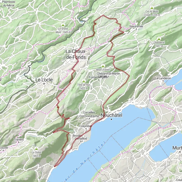 Miniaturní mapa "Gravel: Saint-Aubin-Sauges Circuit" inspirace pro cyklisty v oblasti Espace Mittelland, Switzerland. Vytvořeno pomocí plánovače tras Tarmacs.app