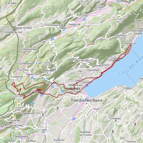 Map miniature of "The Hills and Valleys Gravel Ride" cycling inspiration in Espace Mittelland, Switzerland. Generated by Tarmacs.app cycling route planner