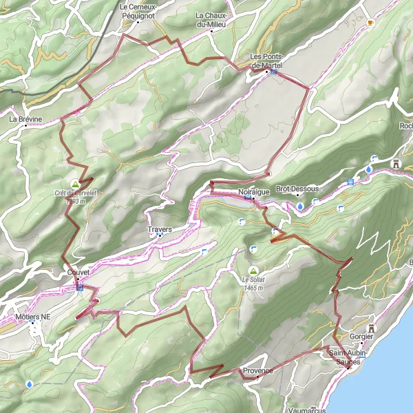 Zemljevid v pomanjšavi "Gorski izziv okoli Saint-Aubin-Sauges" kolesarske inspiracije v Espace Mittelland, Switzerland. Generirano z načrtovalcem kolesarskih poti Tarmacs.app