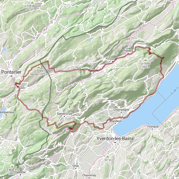 Miniatua del mapa de inspiración ciclista "Aventura Gravera Champagne-Noiraigue" en Espace Mittelland, Switzerland. Generado por Tarmacs.app planificador de rutas ciclistas