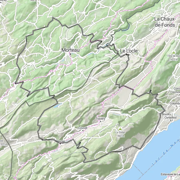 Map miniature of "The Challenging Tour of Saint-Aubin-Sauges" cycling inspiration in Espace Mittelland, Switzerland. Generated by Tarmacs.app cycling route planner