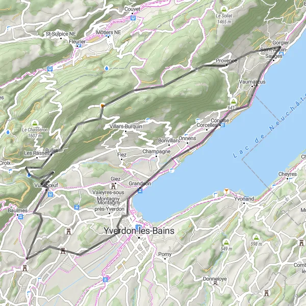 Mapa miniatúra "Kolem malebného jezera Neuchâtel" cyklistická inšpirácia v Espace Mittelland, Switzerland. Vygenerované cyklistickým plánovačom trás Tarmacs.app