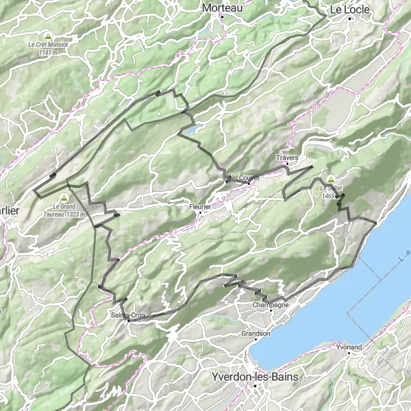 Miniatura della mappa di ispirazione al ciclismo "Tour delle Valli del Giura" nella regione di Espace Mittelland, Switzerland. Generata da Tarmacs.app, pianificatore di rotte ciclistiche