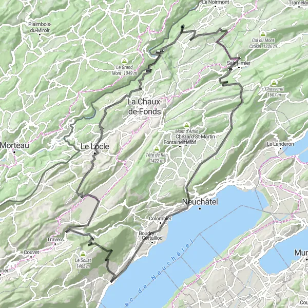 Kartminiatyr av "Sirkulær sykkeltur fra Saint-Aubin-Sauges" sykkelinspirasjon i Espace Mittelland, Switzerland. Generert av Tarmacs.app sykkelrutoplanlegger