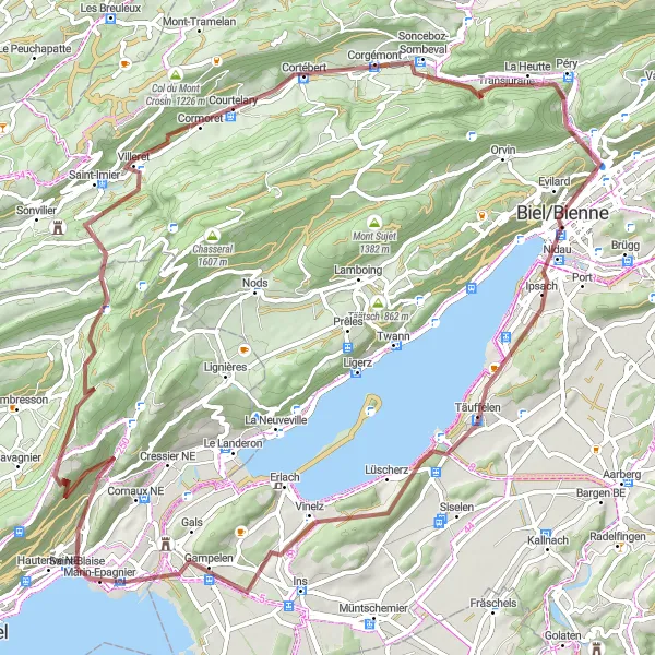 Kartminiatyr av "Oppdag rural landsbygd på grusveier" sykkelinspirasjon i Espace Mittelland, Switzerland. Generert av Tarmacs.app sykkelrutoplanlegger