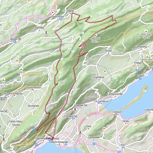 Miniature de la carte de l'inspiration cycliste "Tour des Montagnes Neuchâteloises" dans la Espace Mittelland, Switzerland. Générée par le planificateur d'itinéraire cycliste Tarmacs.app