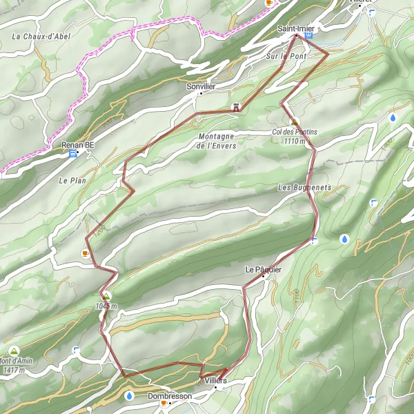 Zemljevid v pomanjšavi "Gravel pot Saint-Imier - Belvédère" kolesarske inspiracije v Espace Mittelland, Switzerland. Generirano z načrtovalcem kolesarskih poti Tarmacs.app