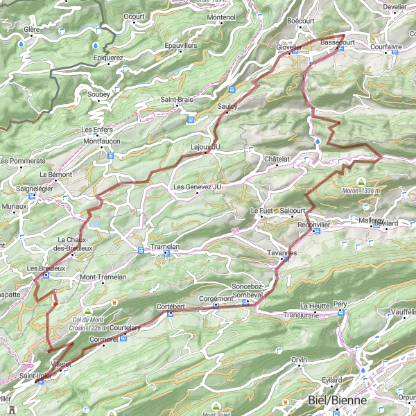 Miniatura della mappa di ispirazione al ciclismo "Esplorazione in mountain bike tra La Chaux-des-Breuleux e Saint-Imier" nella regione di Espace Mittelland, Switzerland. Generata da Tarmacs.app, pianificatore di rotte ciclistiche
