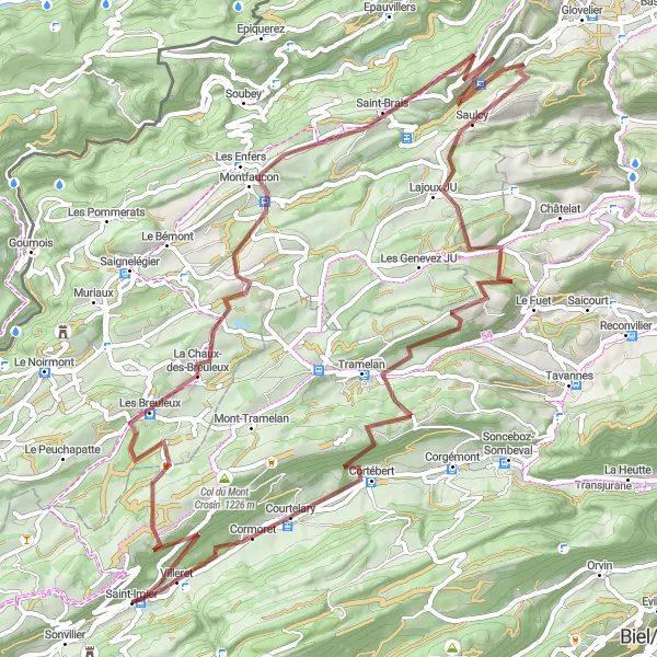 Mapa miniatúra "Gravelová cyklistická trasa okolo Saint-Imieru" cyklistická inšpirácia v Espace Mittelland, Switzerland. Vygenerované cyklistickým plánovačom trás Tarmacs.app