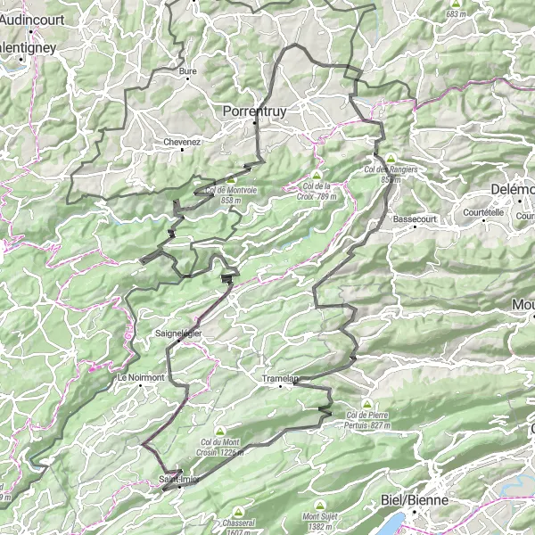 Zemljevid v pomanjšavi "Pot Mont Soleil - Villeret" kolesarske inspiracije v Espace Mittelland, Switzerland. Generirano z načrtovalcem kolesarskih poti Tarmacs.app