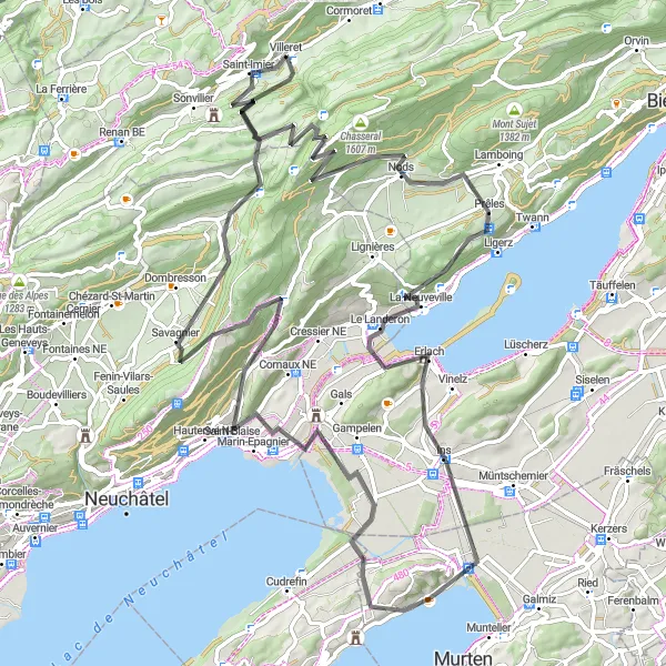 Miniatura della mappa di ispirazione al ciclismo "Giro del Chasseral" nella regione di Espace Mittelland, Switzerland. Generata da Tarmacs.app, pianificatore di rotte ciclistiche