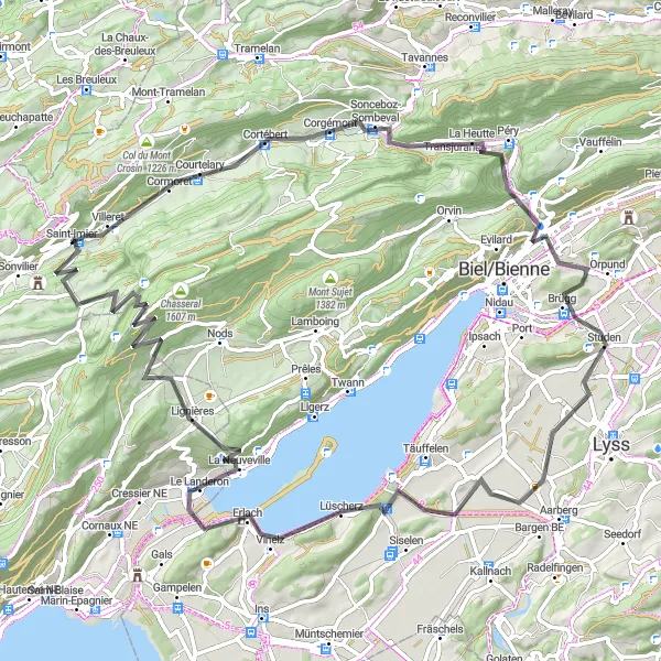 Miniaturekort af cykelinspirationen "Udfordrende cykelrute gennem Col du Chasseral" i Espace Mittelland, Switzerland. Genereret af Tarmacs.app cykelruteplanlægger