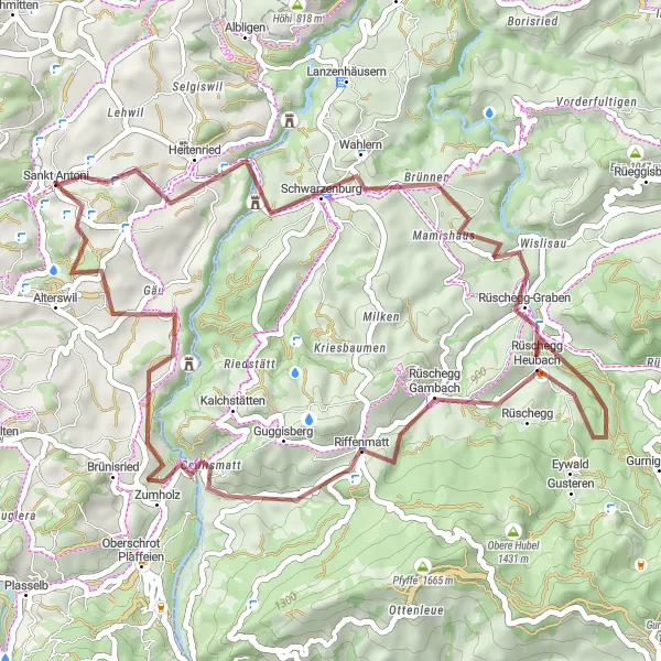 Miniatua del mapa de inspiración ciclista "Ruta de ciclismo de grava en los alrededores de Sankt Antoni" en Espace Mittelland, Switzerland. Generado por Tarmacs.app planificador de rutas ciclistas