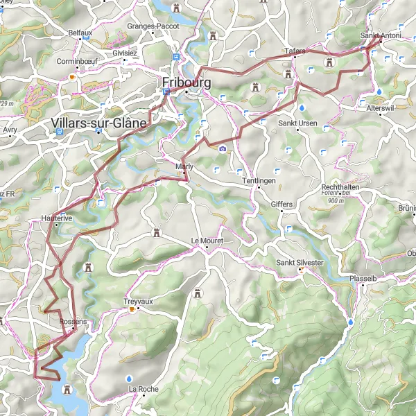 Miniaturekort af cykelinspirationen "Grusvejscykelrute fra Sankt Antoni" i Espace Mittelland, Switzerland. Genereret af Tarmacs.app cykelruteplanlægger