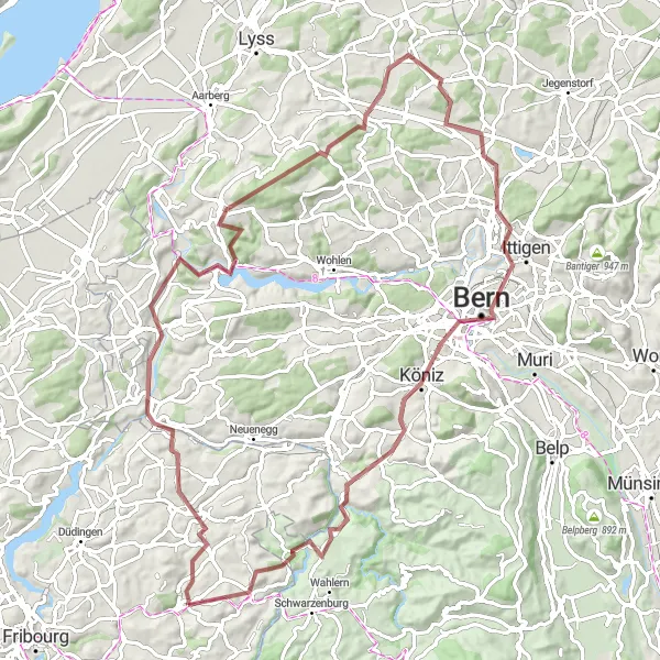 Miniatura della mappa di ispirazione al ciclismo "Avventuroso tour in bicicletta da Sankt Antoni" nella regione di Espace Mittelland, Switzerland. Generata da Tarmacs.app, pianificatore di rotte ciclistiche