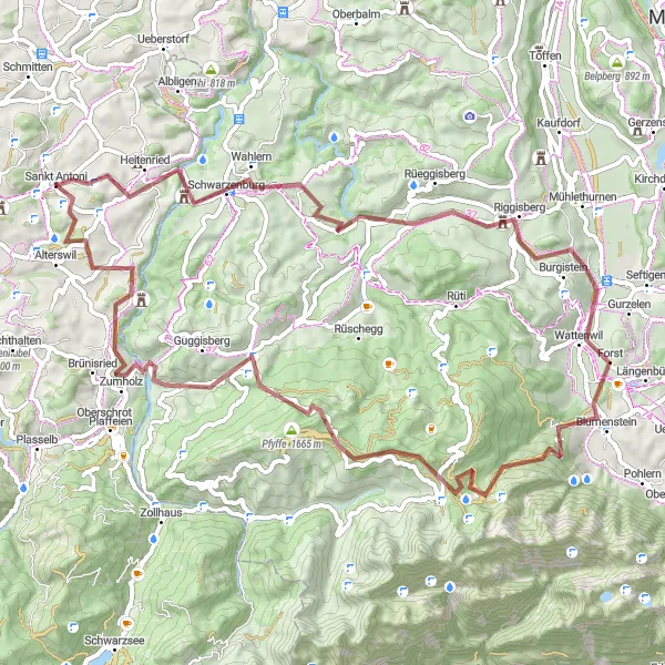 Miniatua del mapa de inspiración ciclista "Desafío en senderos de grava hacia Alterswil" en Espace Mittelland, Switzerland. Generado por Tarmacs.app planificador de rutas ciclistas