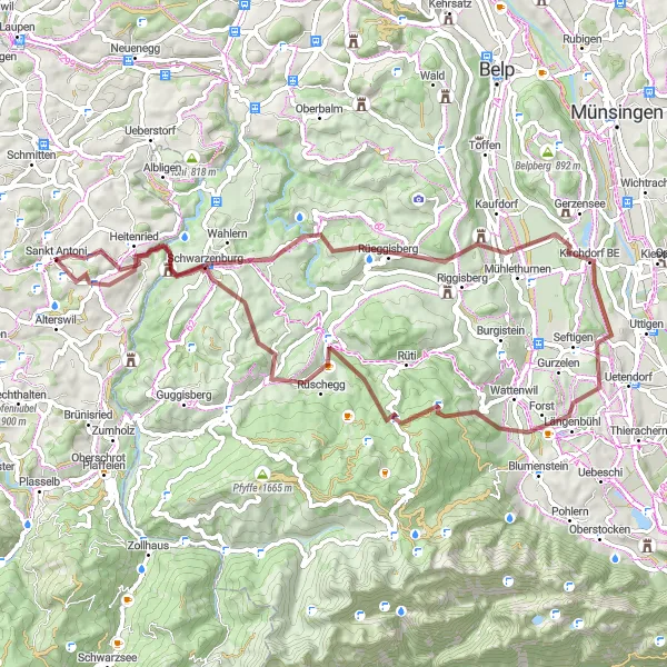 Mapa miniatúra "Gravelový výlet po Bernskom regióne" cyklistická inšpirácia v Espace Mittelland, Switzerland. Vygenerované cyklistickým plánovačom trás Tarmacs.app