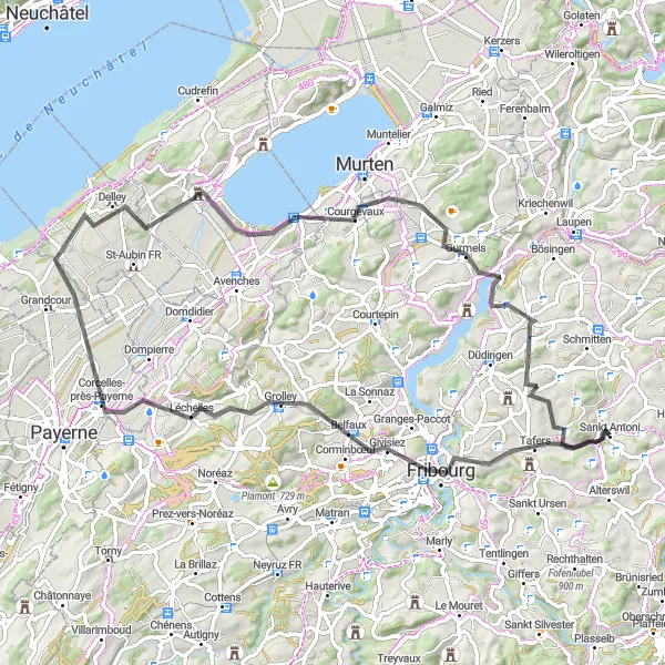 Miniatura della mappa di ispirazione al ciclismo "Road Experience tra Fribourg e Morat" nella regione di Espace Mittelland, Switzerland. Generata da Tarmacs.app, pianificatore di rotte ciclistiche