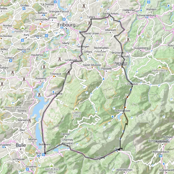 Mapa miniatúra "Cestný význam okolí Sankt Antoni" cyklistická inšpirácia v Espace Mittelland, Switzerland. Vygenerované cyklistickým plánovačom trás Tarmacs.app