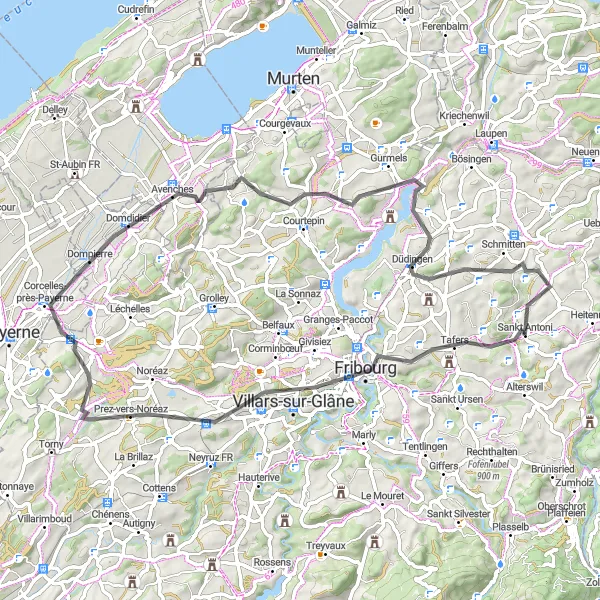 Karten-Miniaturansicht der Radinspiration "Historische Radtour durch Villars-sur-Glâne und Düdingen" in Espace Mittelland, Switzerland. Erstellt vom Tarmacs.app-Routenplaner für Radtouren