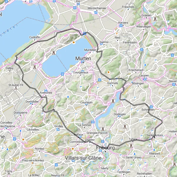 Zemljevid v pomanjšavi "Road Kolesarska avantura po Espace Mittelland" kolesarske inspiracije v Espace Mittelland, Switzerland. Generirano z načrtovalcem kolesarskih poti Tarmacs.app