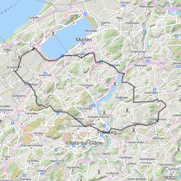 Miniatua del mapa de inspiración ciclista "Ruta escénica por Belfaux y Rütihubel" en Espace Mittelland, Switzerland. Generado por Tarmacs.app planificador de rutas ciclistas