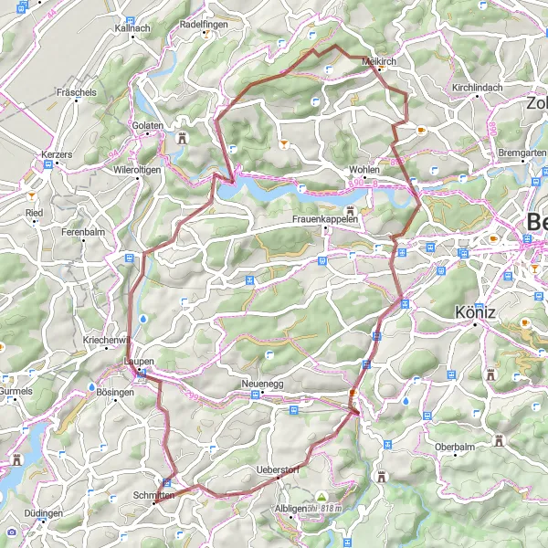 Kartminiatyr av "Eventyrlig grussykkeltur gjennom landsbygda" sykkelinspirasjon i Espace Mittelland, Switzerland. Generert av Tarmacs.app sykkelrutoplanlegger