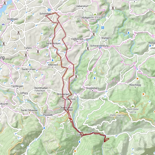 Miniatua del mapa de inspiración ciclista "Ruta Gravel a través de Sankt Antoni y Plaffeien" en Espace Mittelland, Switzerland. Generado por Tarmacs.app planificador de rutas ciclistas
