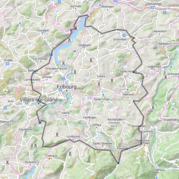 Kartminiatyr av "Schmitten till Belfaux Road Cycling Route" cykelinspiration i Espace Mittelland, Switzerland. Genererad av Tarmacs.app cykelruttplanerare