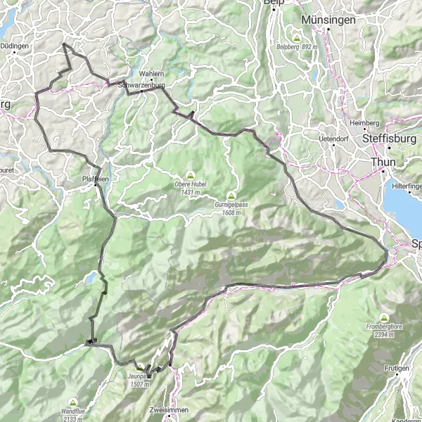 Miniatuurkaart van de fietsinspiratie "Rondrit vanaf Schmitten via Jaunpass" in Espace Mittelland, Switzerland. Gemaakt door de Tarmacs.app fietsrouteplanner
