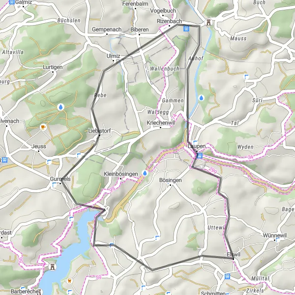 Miniatura della mappa di ispirazione al ciclismo "Periplo Stradale tra pittoreschi borghi svizzeri" nella regione di Espace Mittelland, Switzerland. Generata da Tarmacs.app, pianificatore di rotte ciclistiche