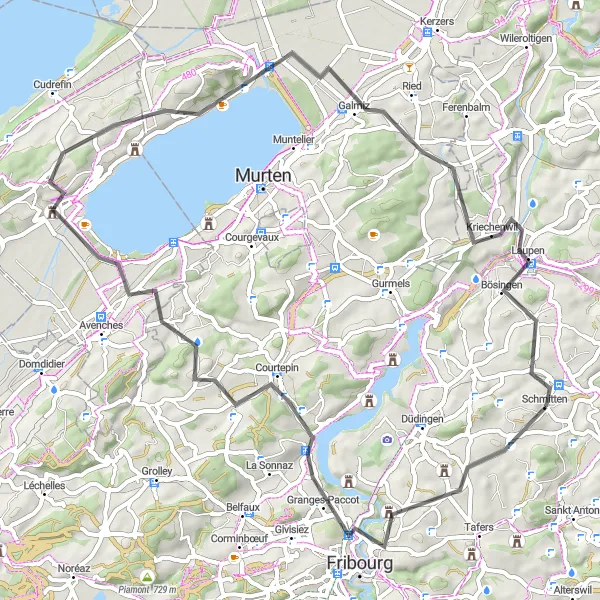 Zemljevid v pomanjšavi "Cestna pustolovščina proti Bellerive VD" kolesarske inspiracije v Espace Mittelland, Switzerland. Generirano z načrtovalcem kolesarskih poti Tarmacs.app