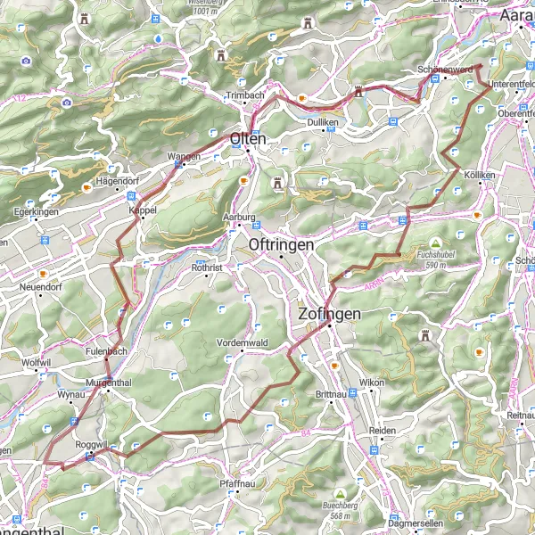 Miniatuurkaart van de fietsinspiratie "Graveltocht naar Roggwil en Wangen" in Espace Mittelland, Switzerland. Gemaakt door de Tarmacs.app fietsrouteplanner