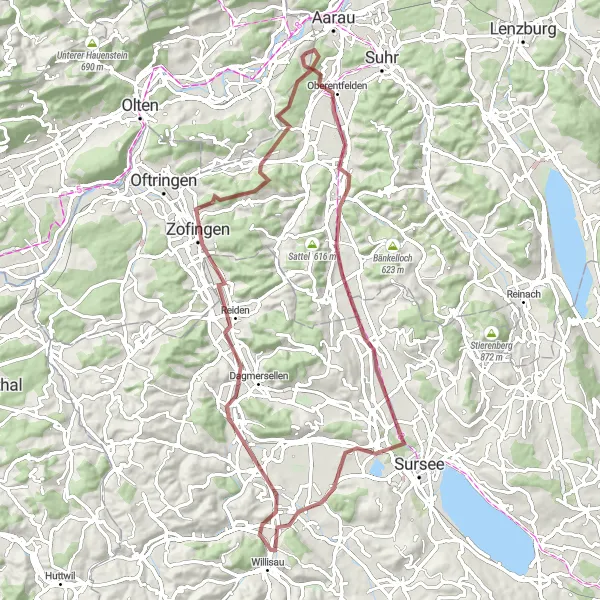 Miniaturekort af cykelinspirationen "Grusvejseventyr nær Schönenwerd" i Espace Mittelland, Switzerland. Genereret af Tarmacs.app cykelruteplanlægger