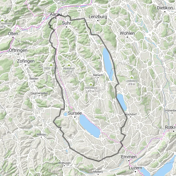 Miniature de la carte de l'inspiration cycliste "Tour des Lacs Aargau" dans la Espace Mittelland, Switzerland. Générée par le planificateur d'itinéraire cycliste Tarmacs.app