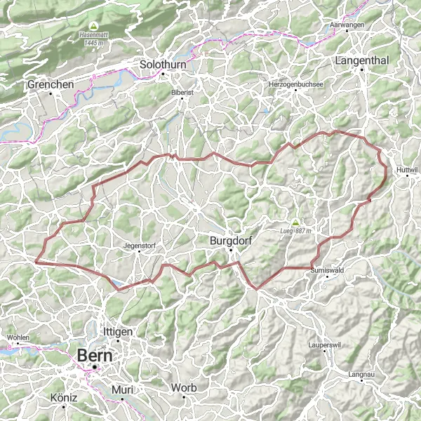 Miniatura della mappa di ispirazione al ciclismo "Ciclabile Gravel attraverso le colline di Schüpfen" nella regione di Espace Mittelland, Switzerland. Generata da Tarmacs.app, pianificatore di rotte ciclistiche