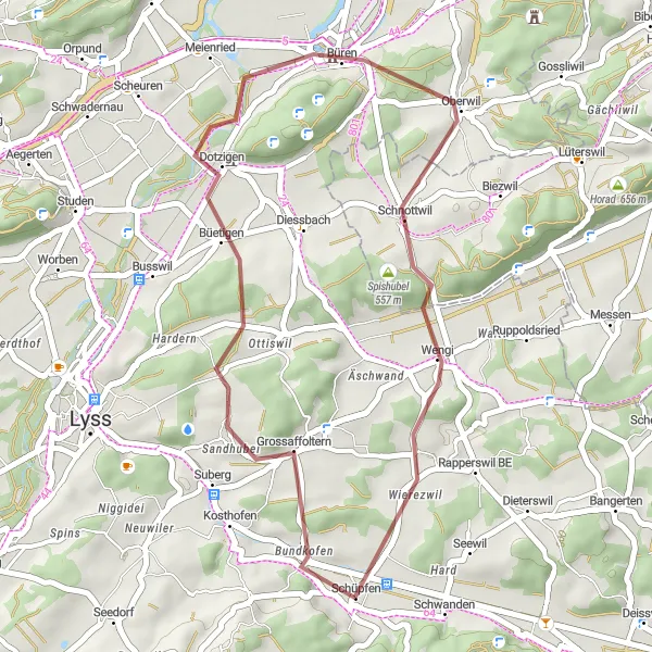 Karttaminiaatyyri "Grossaffoltern - Büren Loop" pyöräilyinspiraatiosta alueella Espace Mittelland, Switzerland. Luotu Tarmacs.app pyöräilyreittisuunnittelijalla